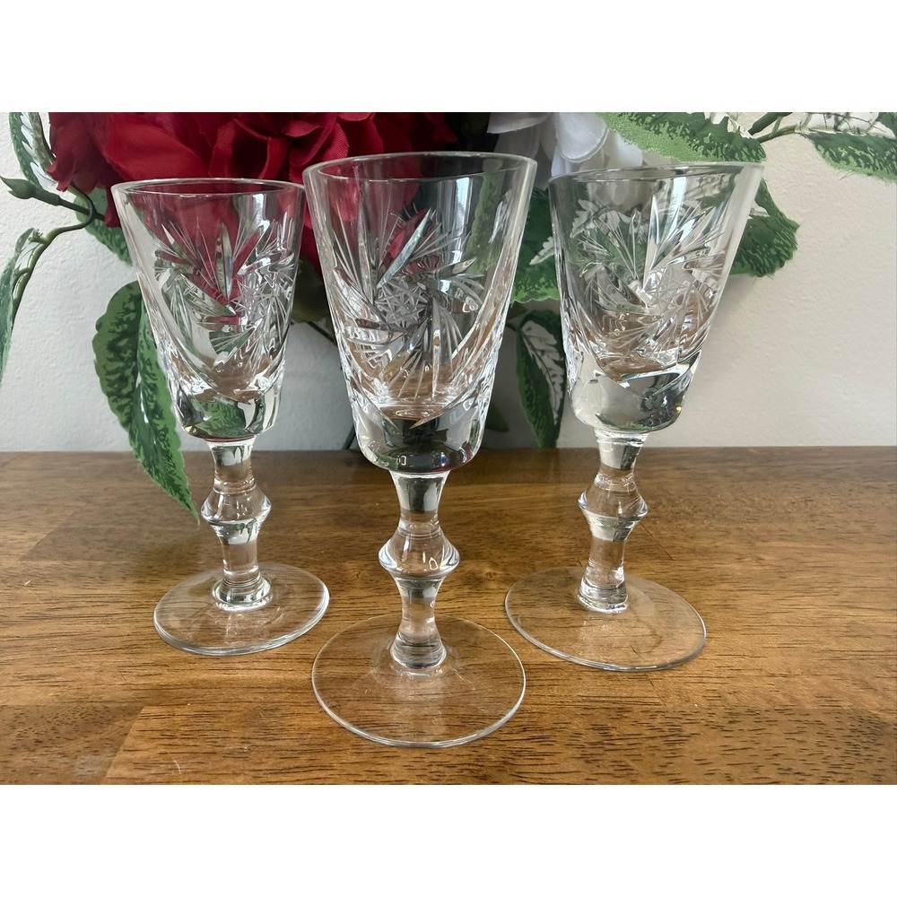 Vintage Cut Crystal Etched Stemmed‎ Liqueur Cordial Glasses Set of 3